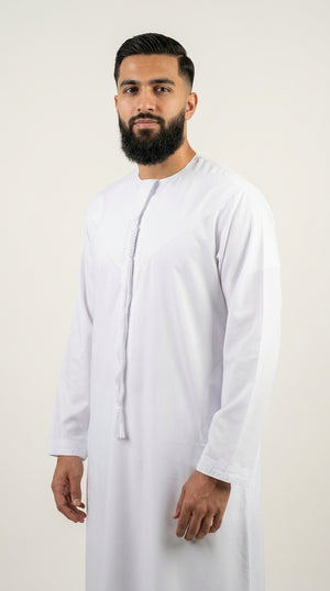 Shiny White Emirati Thobe with Tassel Emarati