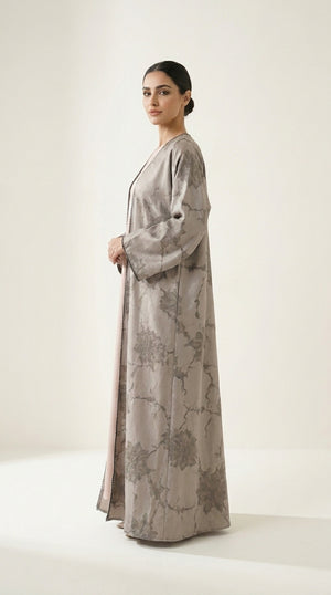 Beige Leaf Print 3-Pieces Set Open Abaya Emarati