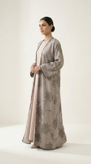 Beige Leaf Print 3-Pieces Set Open Abaya Emarati