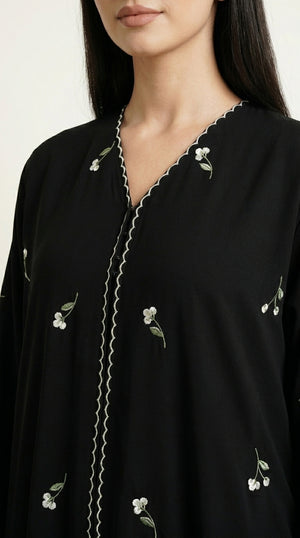 Black Closed Abaya with Dainty Floral Embroidery Emarati