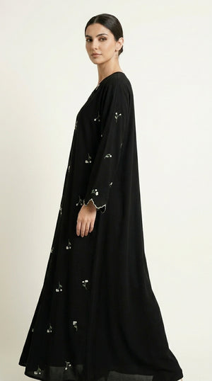 Black Closed Abaya with Dainty Floral Embroidery Emarati