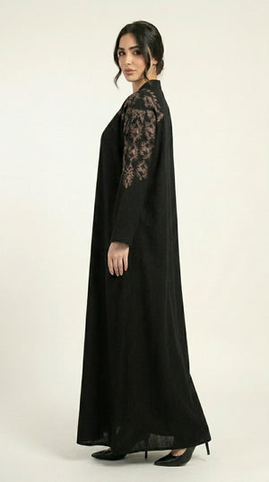 Black Embroidery Work Zoom Open Abaya Emarati