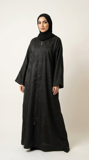 Black Maryam Bamboo Leaf Work Open Abaya with Zip Emarati