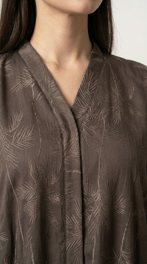 Brown Full Body Leaf Work Open Abaya with Zip Emarati