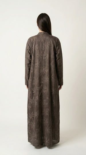 Brown Full Body Leaf Work Open Abaya with Zip Emarati