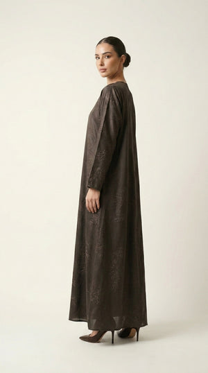 Brown Maryam Bamboo Leaf Work Open Abaya with Zip Emarati