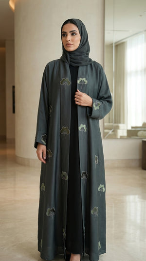 Dark Green Velvet Flower Open Abaya Emarati