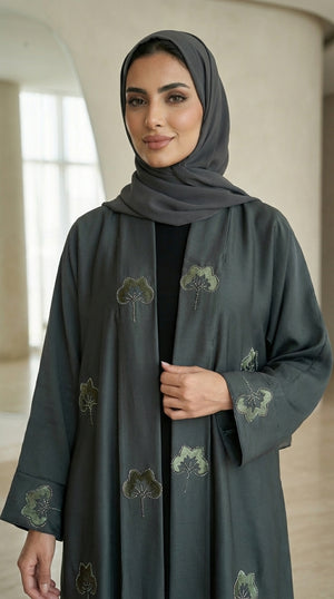 Dark Green Velvet Flower Open Abaya Emarati