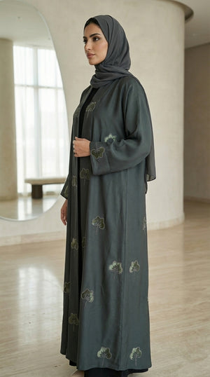 Dark Green Velvet Flower Open Abaya Emarati
