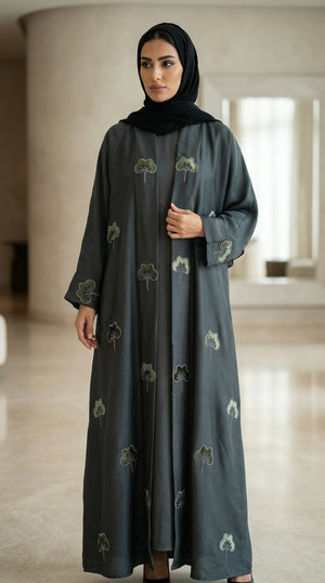 Dark Green Velvet Flower Open Abaya Emarati