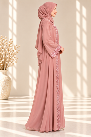 Light Pink Couture Flower Open Abaya Set with Full Back 3D Floral Embellishments Emarati