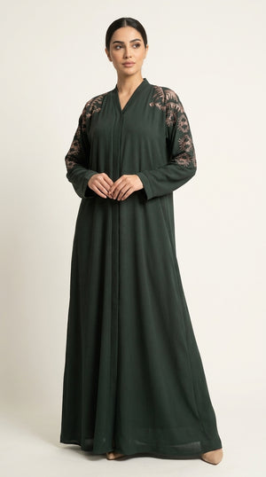 Green Embroidery Work Zoom Open Abaya Emarati
