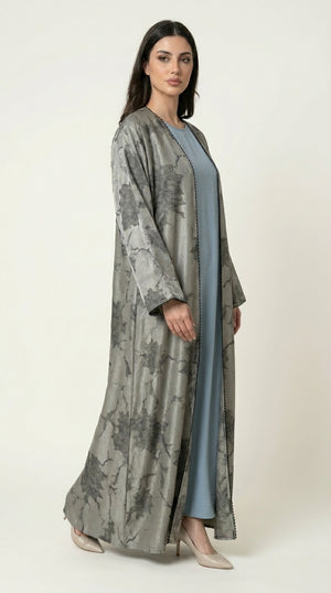 Green Leaf Print 3-Pieces Set Open Abaya Emarati