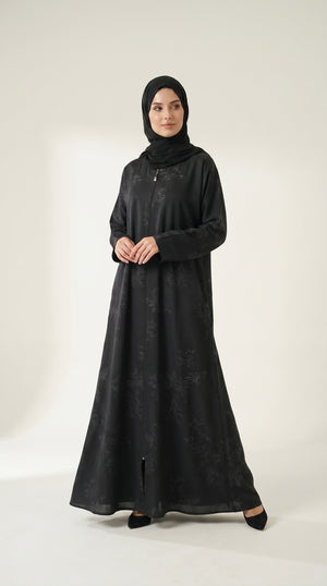 Grey Maryam Bamboo Leaf Work Open Abaya with Zip Emarati