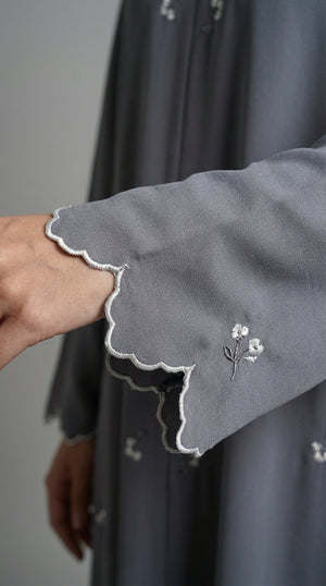 Grey Open Abaya with Dainty Floral Embroidery Emarati