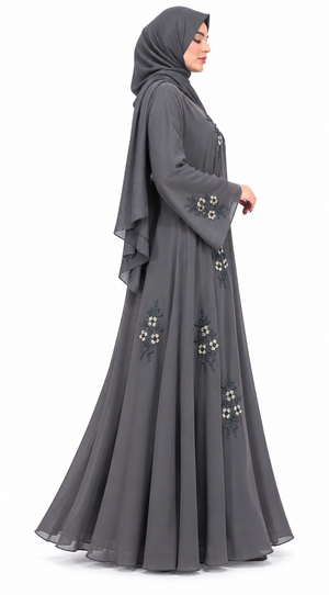 Elegant grey modest abaya with floral beadwork on sheer chiffon, perfect for special occasions and evening wear.