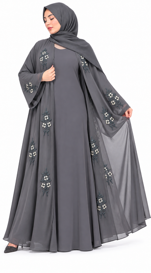 Premium handcrafted grey open abaya with detailed floral chiffon beadwork, combining timeless elegance and modest fashion.