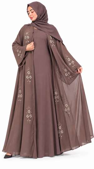 Premium nude Serene abaya set with intricate beaded floral chiffon details, a modest full-sleeve inner, and a matching scarf.