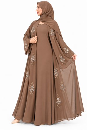 Luxury brown floral open abaya for women