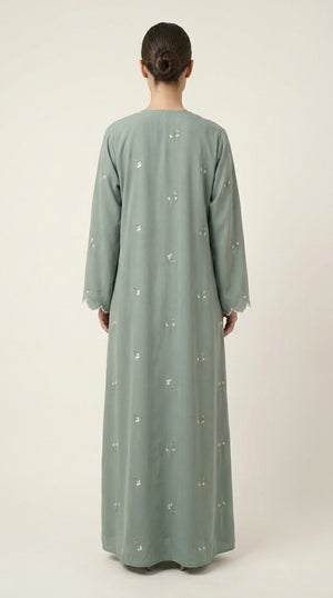 Mint Open Abaya with Dainty Floral Embroidery Emarati