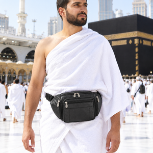 Hajj Umrah Black Multi-Pocket Genuine Leather Fanny Pack Emarati
