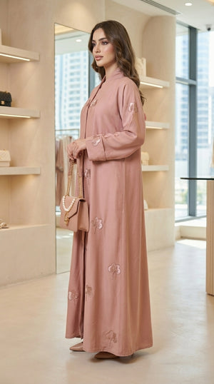 Pink Velvet Flower Open Abaya Emarati