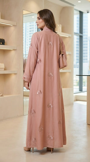 Pink Velvet Flower Open Abaya Emarati