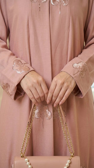 Pink Velvet Flower Open Abaya Emarati