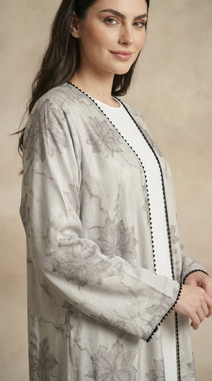 White Leaf Print 3-Pieces Set Open Abaya Emarati
