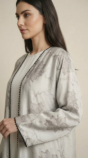 White Leaf Print 3-Pieces Set Open Abaya Emarati