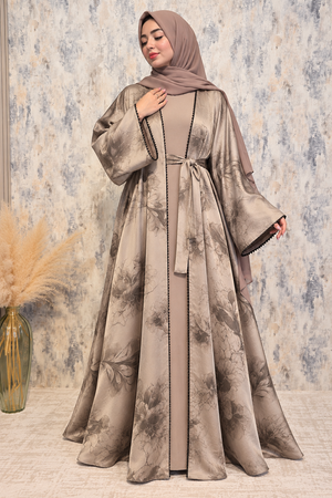 Beige flower-printed open abaya set