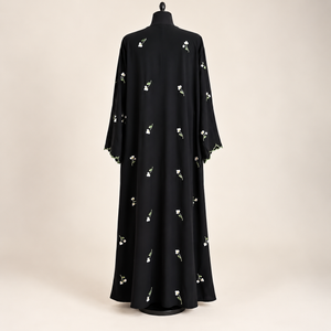 Black closed abaya with delicate dainty floral embroidery and matching scarf