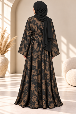 Back view of black Hafizah printed open abaya set showcasing its printed design