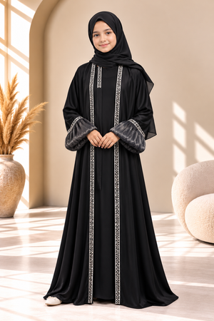 Black Luxe 3-piece abaya set with satin-crepe outer layer, stone lace detailing and organza balloon sleeves, front view.