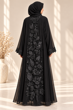 Back view of black open abaya featuring 3D floral embellishments and delicate lace detailing