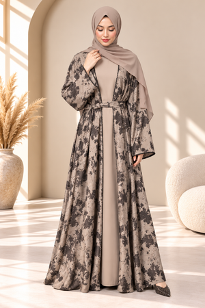 Brown Hafizah printed open abaya set.
