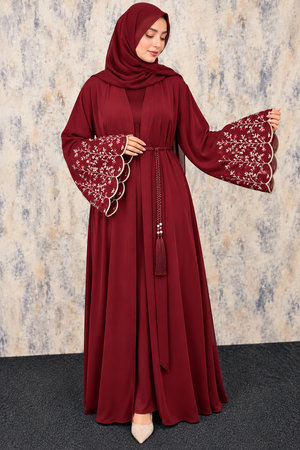 Maroon open abaya with floral embroidered sleeves