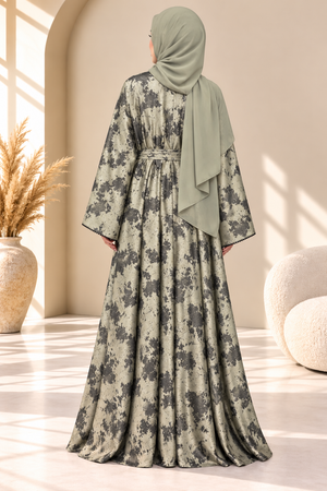 Back view of green Hafizah printed open abaya set showcasing its printed design