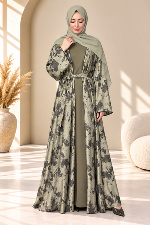 Green Hafizah printed open abaya set