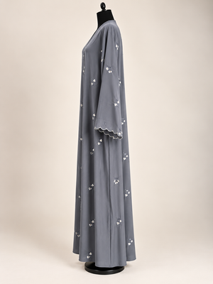 Grey open abaya with dainty floral embroidery and matching scarf, front view