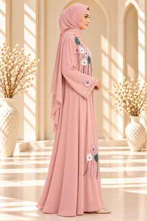 Front view of a light pink open abaya featuring intricate 3D flower embellishments