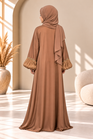 Back view of the Mocha Luxe balloon sleeve abaya showing its flowing mocha outer layer.