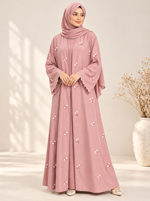 Pink open abaya with dainty floral embroidery and matching scarf, front view