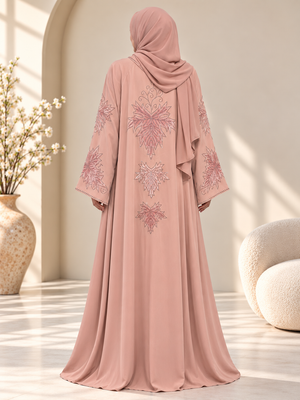 Back view of Reem dusty blush pink open abaya featuring delicate stone embellishments