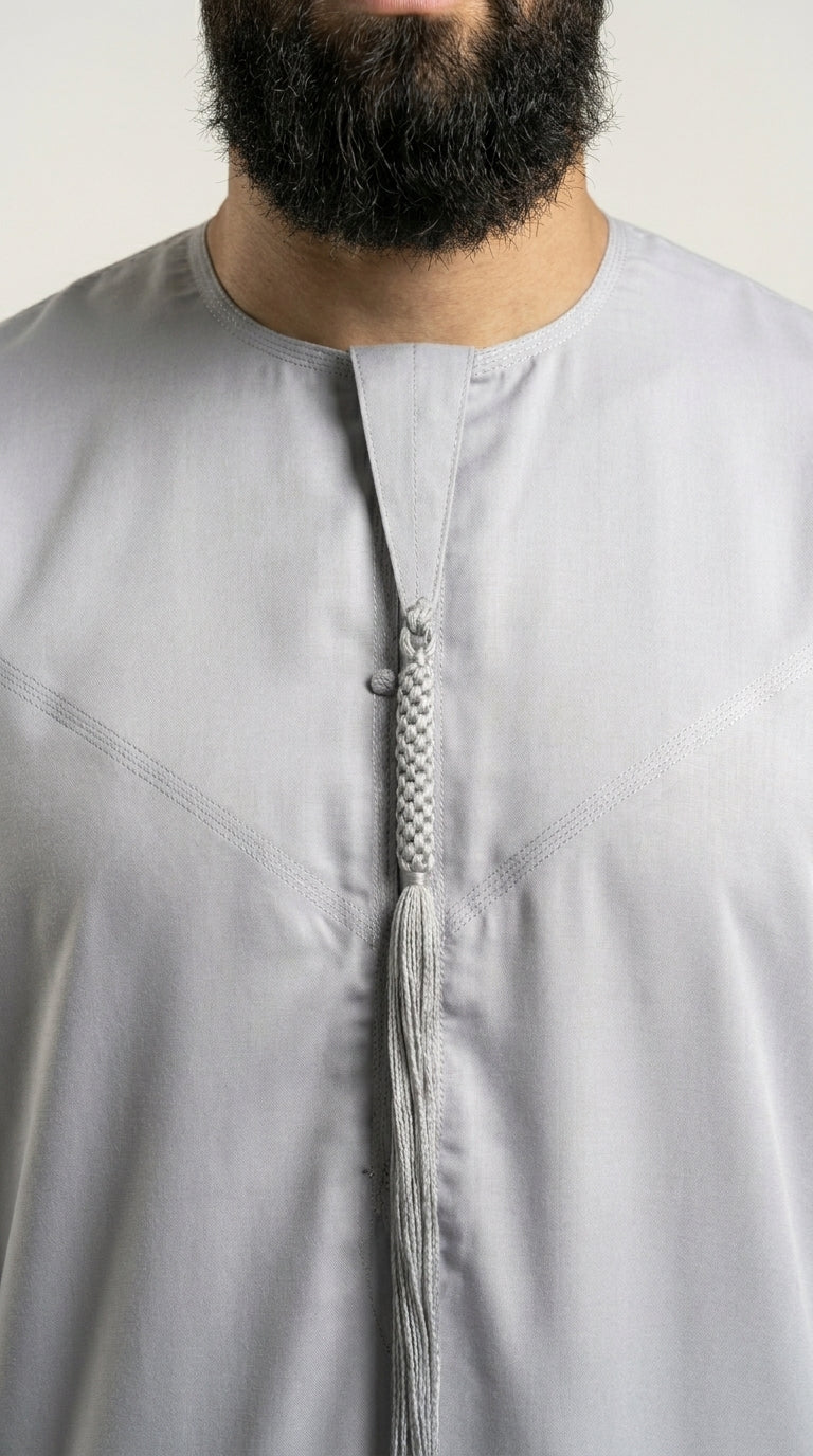 Matte Silver Grey Emirati Thobe with Tassel  Emarati