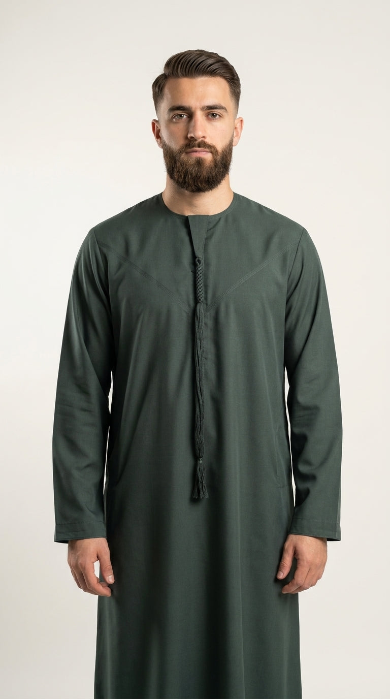 Matte Forest Green Emirati Thobe with Tassel  Emarati