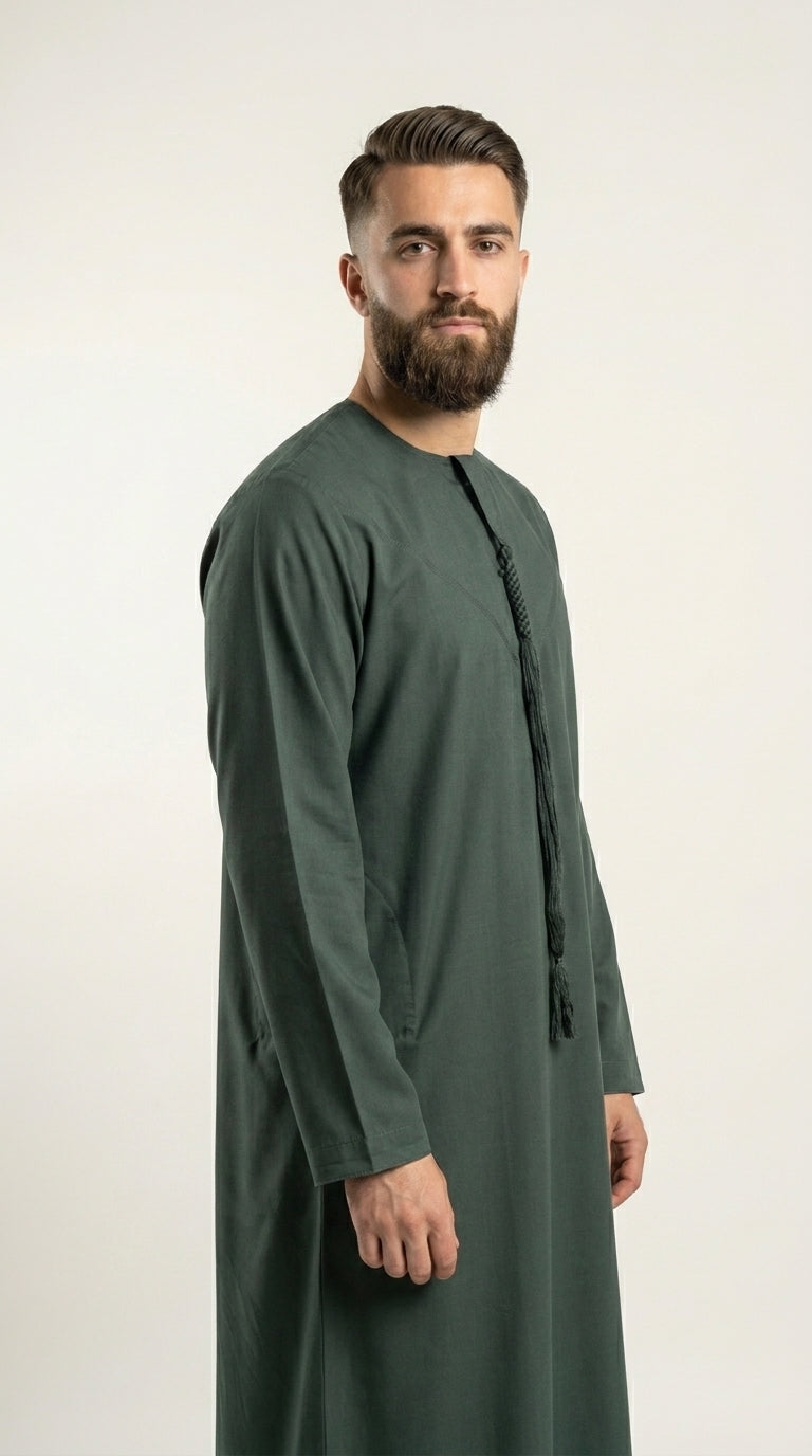 Matte Forest Green Emirati Thobe with Tassel  Emarati