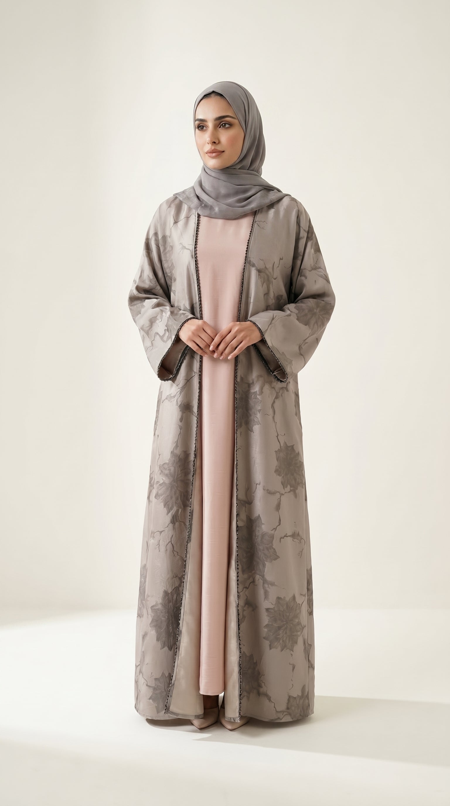 Beige Leaf Print 3-Pieces Set Open Abaya  Emarati