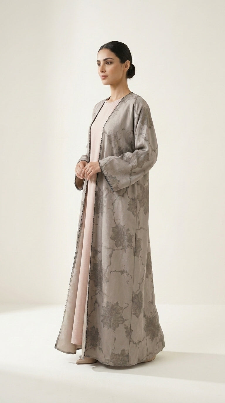 Beige Leaf Print 3-Pieces Set Open Abaya  Emarati