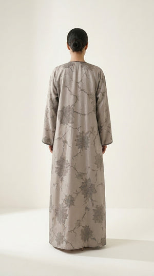 Beige Leaf Print 3-Pieces Set Open Abaya  Emarati